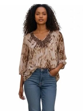 Chico's Isabella Sheer Taupe and Brown Beaded V-Neck Tunic Large Women’s Beach